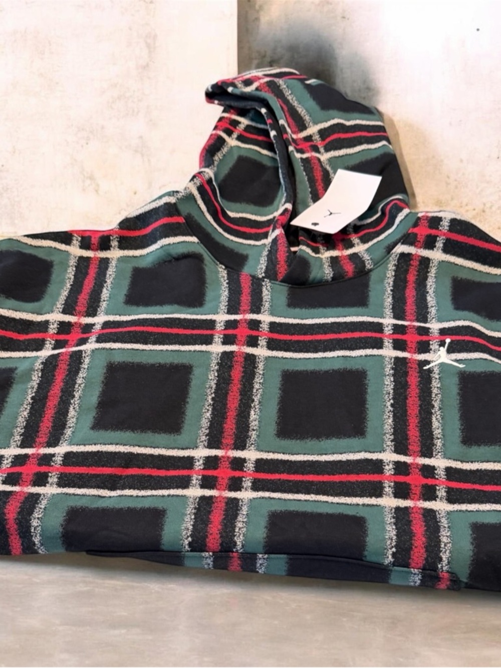 Jordan Men's Green and Black Plaid Crewneck Hoodie with Red Accents - Picture 4 of 4